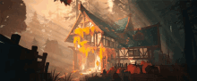 a painting of a burning house with a blue roof