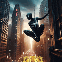 a poster of a spider-man hanging from a building with the words museum bola on the bottom