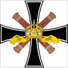 a black white and red cross with a crown on top