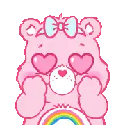 a care bear with hearts in his eyes and a rainbow