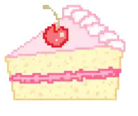 a pixel art illustration of a slice of cake with a cherry on top