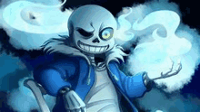 a cartoon drawing of sans from undertale holding a sword and smoke coming out of his mouth .