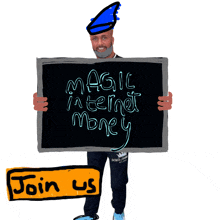 a man in a blue hat holds a sign that says magic internet money