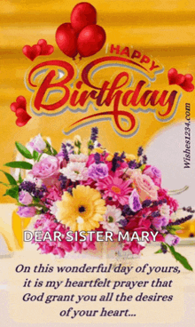 a birthday card with a bouquet of flowers and balloons