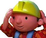 bob the builder is wearing a yellow hard hat and covering his eyes .