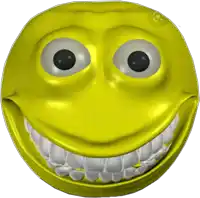 a yellow smiley face with big eyes and white teeth on a white background