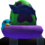 a green egg with a blue bird sitting on a purple float .