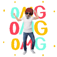 a man with a beard is dancing in front of a colorful background that says omg
