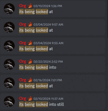 a screenshot of a discord conversation between org and its being looks at