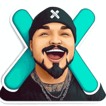 a cartoon drawing of a man with a beard wearing a black hat with an x on it