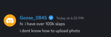 a screenshot of a tweet from goose_0845 says hi i have over 100k slaps i dont know how to upload photo