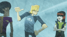 three cartoon characters are standing in the rain with one wearing a shirt that says eo