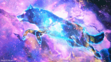 a painting of a wolf in the middle of a galaxy with a copyright notice at the bottom