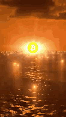 a sunset over a body of water with a bitcoin symbol in the foreground