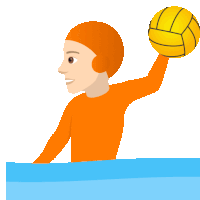 a man in an orange shirt is holding a yellow water polo ball over his head