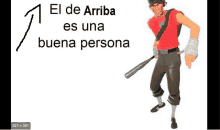 a soldier from team fortress 2 is holding a baseball bat and wearing a red shirt .