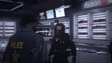 a man in a police uniform is talking to another man in an ammo store