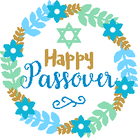 a happy passover greeting card with a wreath of blue flowers and leaves