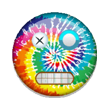 a rainbow tie dye smiley face with a x on its eyes