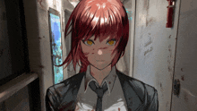 a girl with red hair is wearing a black suit and tie