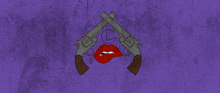 a purple background with a woman 's lips and two guns with the letter l on them