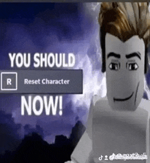 a roblox character is standing in front of a screen that says `` you should now '' .