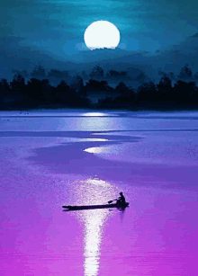 a person in a boat on a lake at night with a full moon in the background