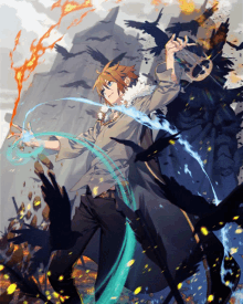 a man in a trench coat is surrounded by birds and flames