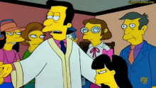 a group of simpsons characters are standing around a man in a bathrobe