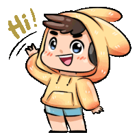 a cartoon drawing of a boy wearing a yellow hoodie and shorts says hi