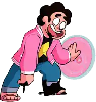 a cartoon character is holding a pink shield and smiling