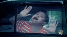 a young boy is looking out of a car window with the words sundays too on the bottom