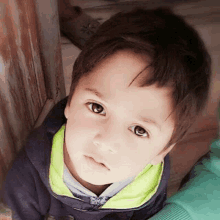 a young boy wearing a blue jacket and a green sweater