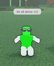 a green cartoon character with sunglasses and the words im all alone below him