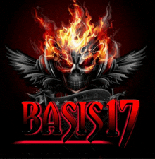 a skull with flames coming out of it and the word basis17 below it