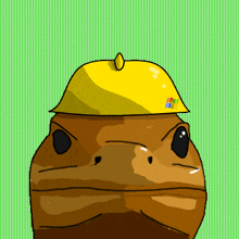 a drawing of a frog wearing a yellow hard hat with a microsoft logo on it