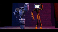 a cartoon character with a tv on his head is standing next to another character