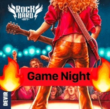 a poster for rock hard 1977 game night with a woman holding a guitar