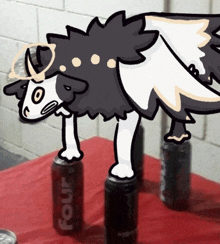 a drawing of a dog standing on top of four cans