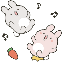 two cartoon rabbits are dancing with music notes around them and a carrot in the background .