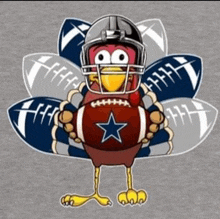 a cartoon turkey wearing a helmet and holding a football with a dallas star on it