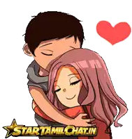 a cartoon of a man hugging a woman with a heart in the background and the words starttamilchat.in on the bottom