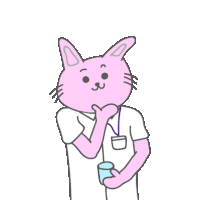 a cartoon of a pink rabbit holding a cup of water