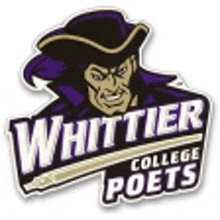 the logo for whittier college poets is a pirate with a purple hat and a pencil .