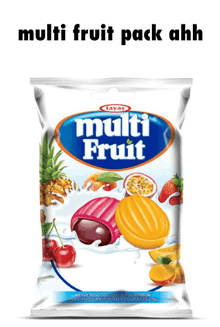 a bag of multi fruit candy has a picture of various fruits on it