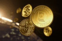 a group of gold coins with one that says onooks books