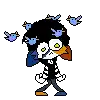 a pixel art drawing of a person with birds flying around their head .