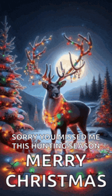 a picture of a deer with christmas lights on its antlers says merry christmas