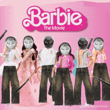 a poster for barbie the movie shows a group of dolls with helmets on their faces