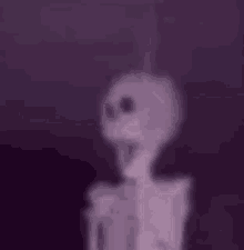 a skeleton is standing in front of a purple background and looking at the camera .